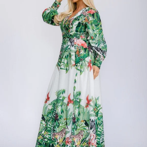 LONG SLEEVE V-NECK FRONT SLIT FLORAL PRINT MAXI DRESS - Picture 2 of 6